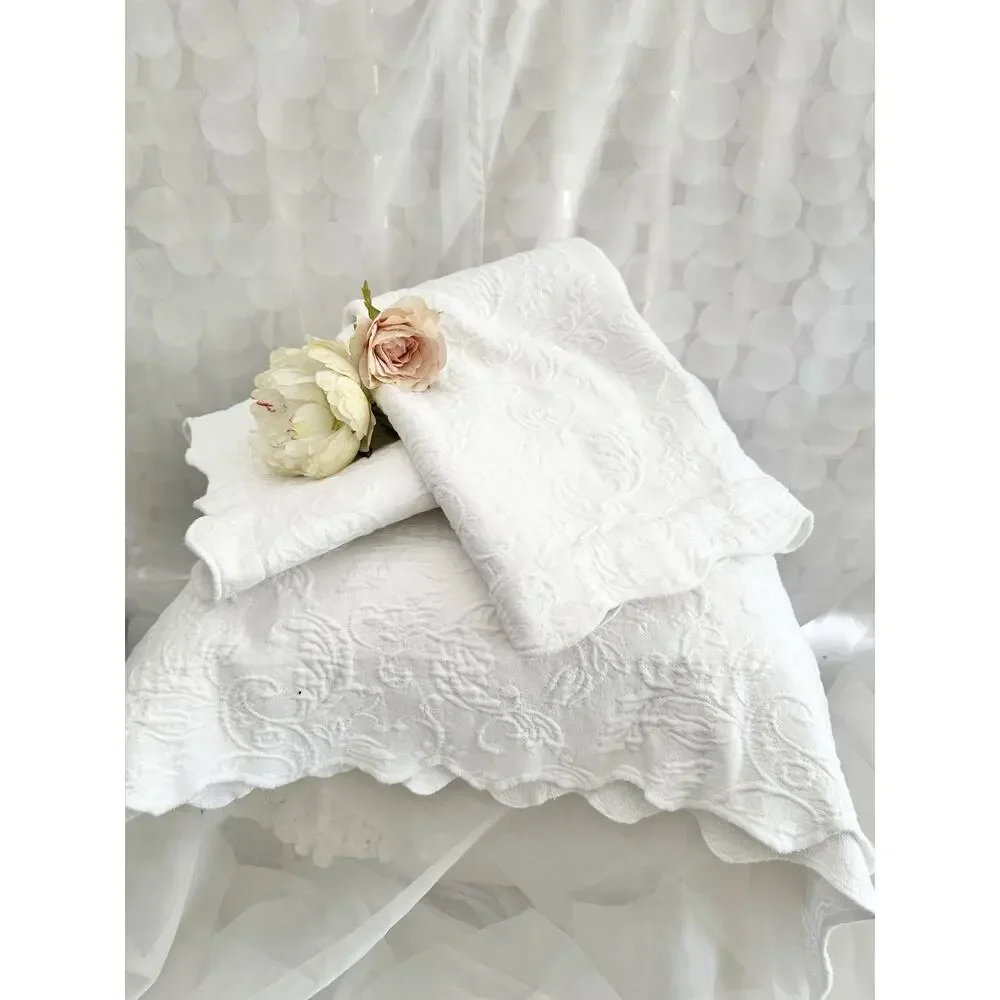 VTG Twin White Matelasse Bedspread 100% Cotton 2 Shams Portugal Fleur De Lis